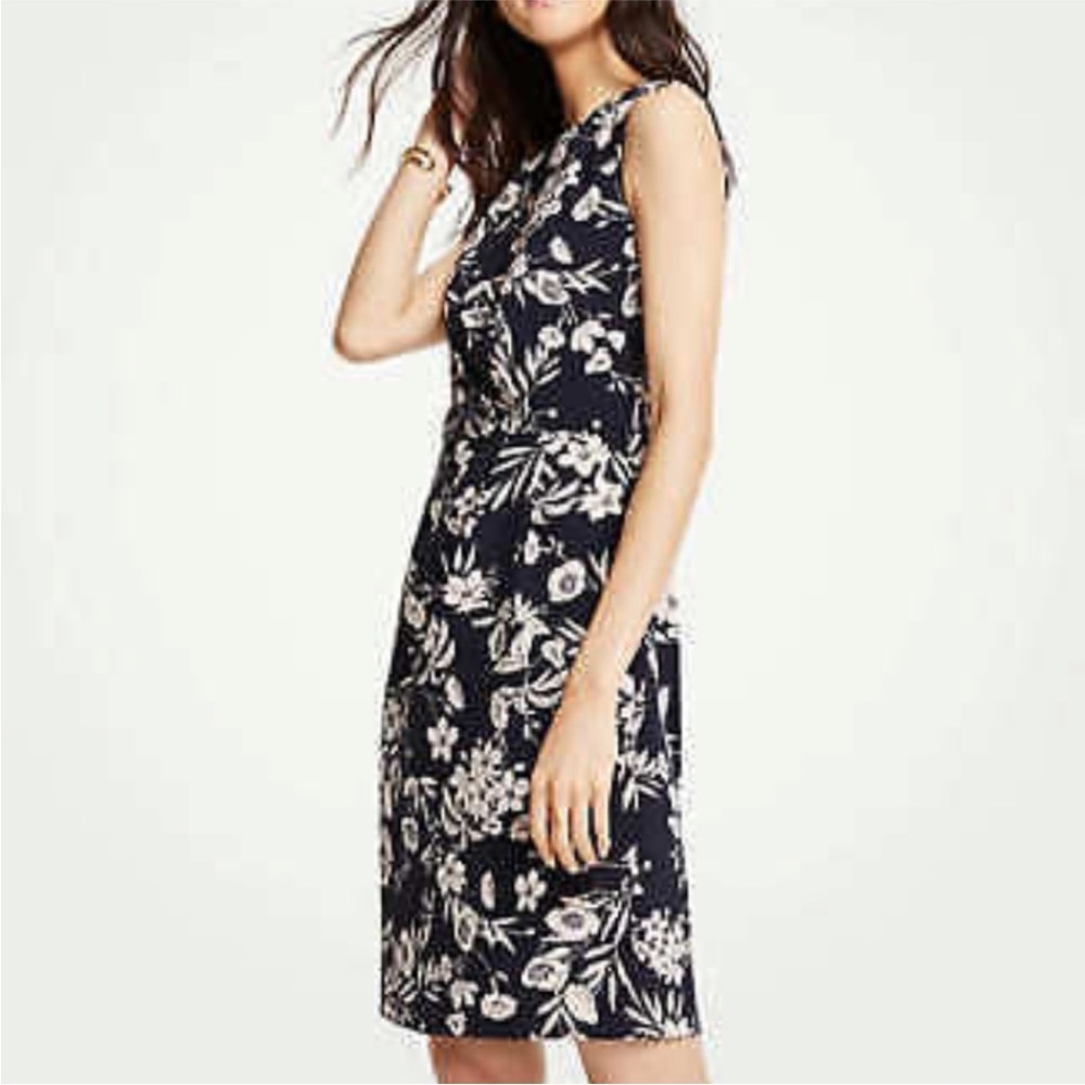 ANN TAYLOR dress size 0 navy blue blush pink sleeveless lined pencil floral - Picture 2 of 9